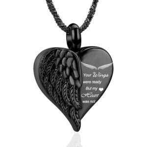Black Stainless Steel Angel Wing Heart Urn Necklace for Ashes Memorial Jewelry